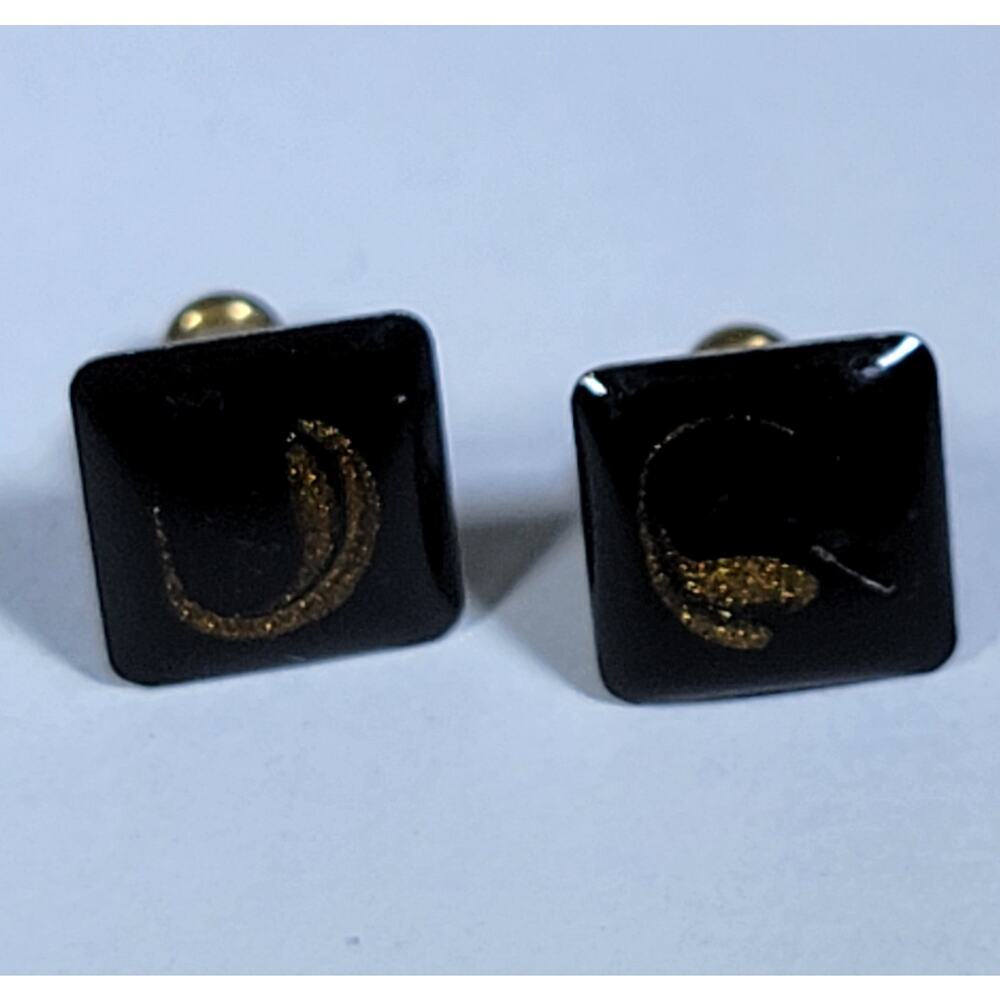 Vintage Black Square Stud Earrings – Gold Swirl Accent, Minimalist Design